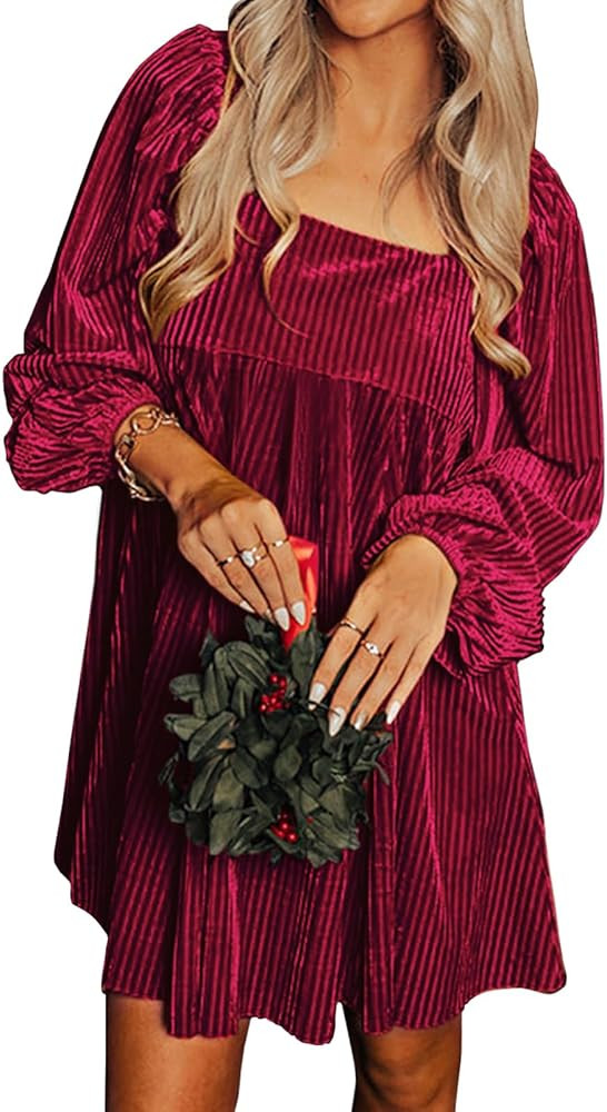 miduo Womens Loose Fit Square Neck Long Sleeve Velvet Mini Babydoll Dresses Shift Dress | Amazon (US)