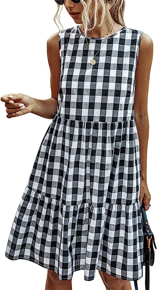 PRETTYGARDEN Women’s Casual Plaid Sleeveless Ruffle Sundress Round Neck A-Line Pleated Mini Sho... | Amazon (US)