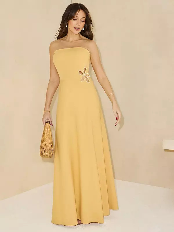 Michelle Keegan Knitted Bandeau Embellished Side Dress - Yellow | Very (UK)