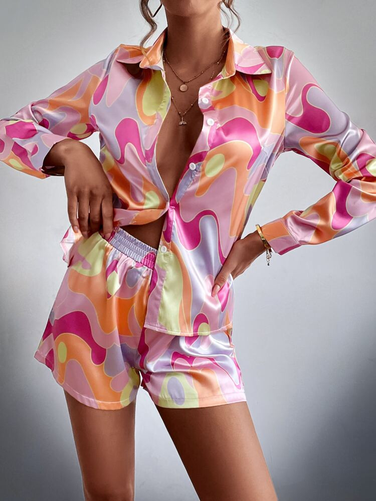 Color Block Satin Blouse & Shorts | SHEIN