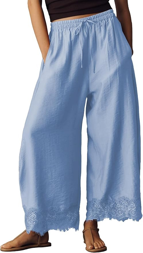 Women Cropped Lace Hem Pants Casual Drawstring Elastic High Waisted Trousers Summer Beach Flowy P... | Amazon (US)