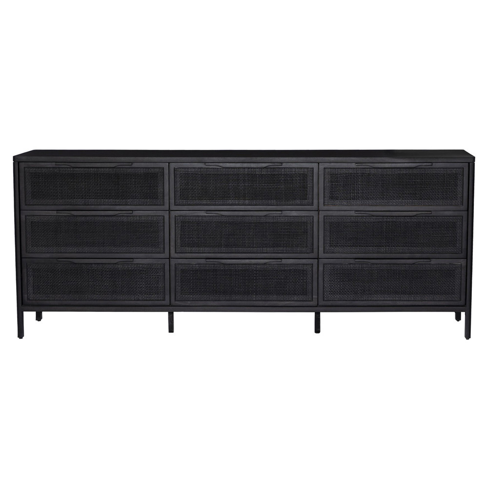 Rhian Coastal Black Mango Wood Woven Cane 9 Drawer Dresser | Kathy Kuo Home