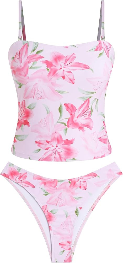 ZAFUL Women's Floral Tankini Swimsuits Bandeau Tummy Control High Cut Tankini Set Two Piece Bathi... | Amazon (US)