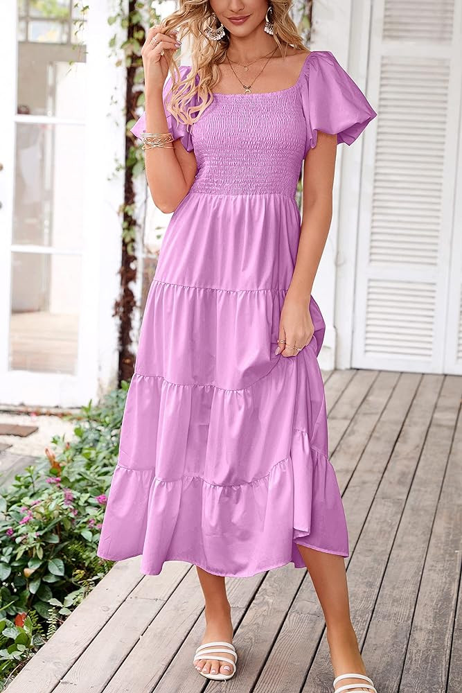 PRETTYGARDEN Women's Casual Summer Midi Dress Puffy Short Sleeve Square Neck Smocked Tiered Ruffl... | Amazon (US)