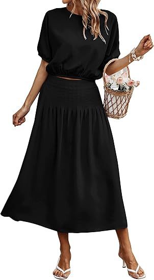 KIRUNDO 2023 Women's Two Piece Outfit Summer Dress Solid Casual Loose Puff Sleeve Crop Top and Pl... | Amazon (US)
