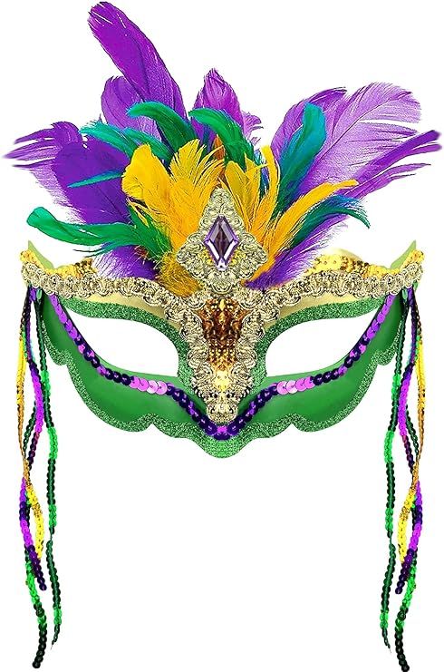 QLINLEAF Mardi Gras Mask Feather Masquerade Mask Venetian Carnival Mask for Women Halloween Mask ... | Amazon (US)
