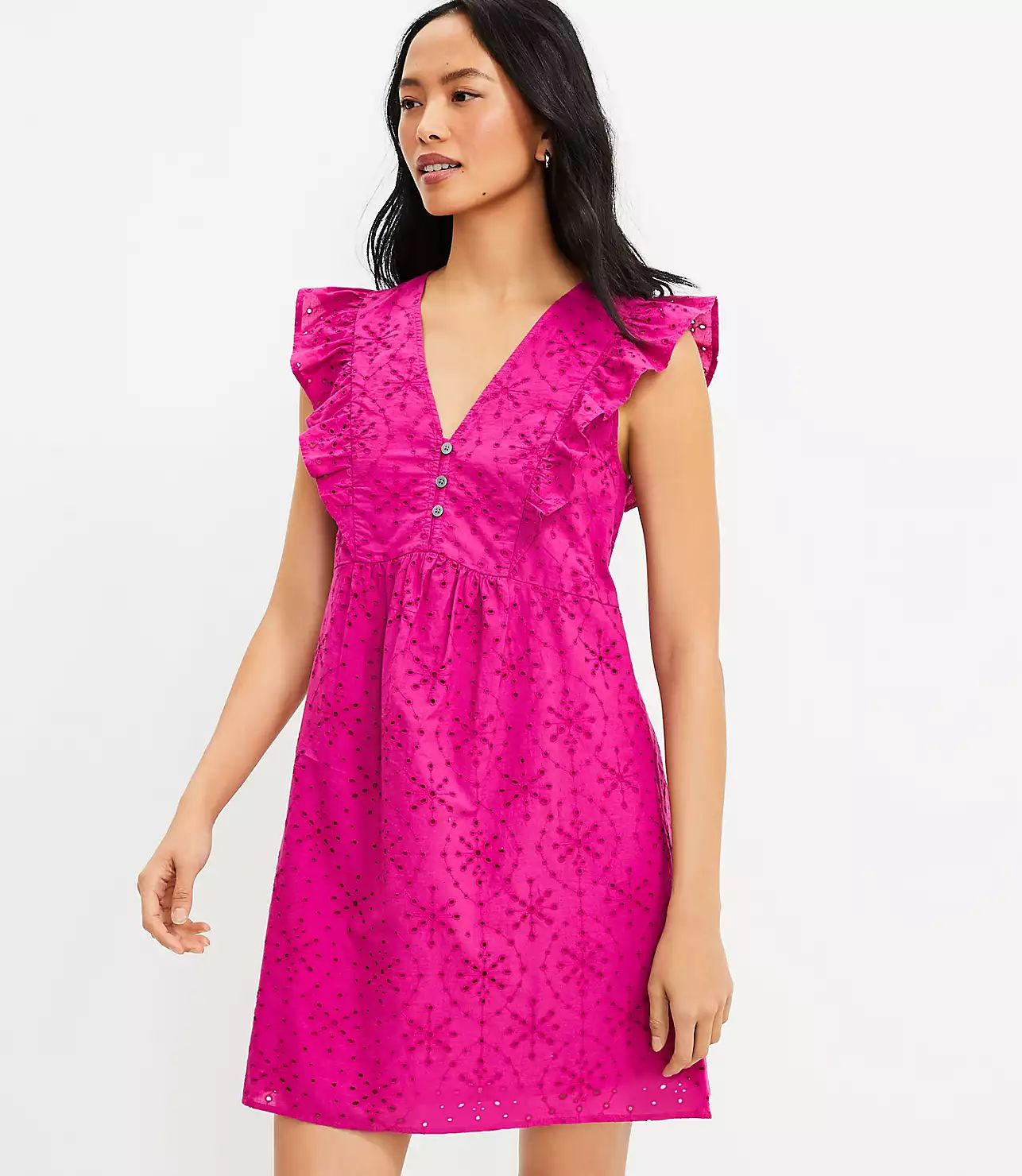 Eyelet Button Ruffle Swing Dress | LOFT