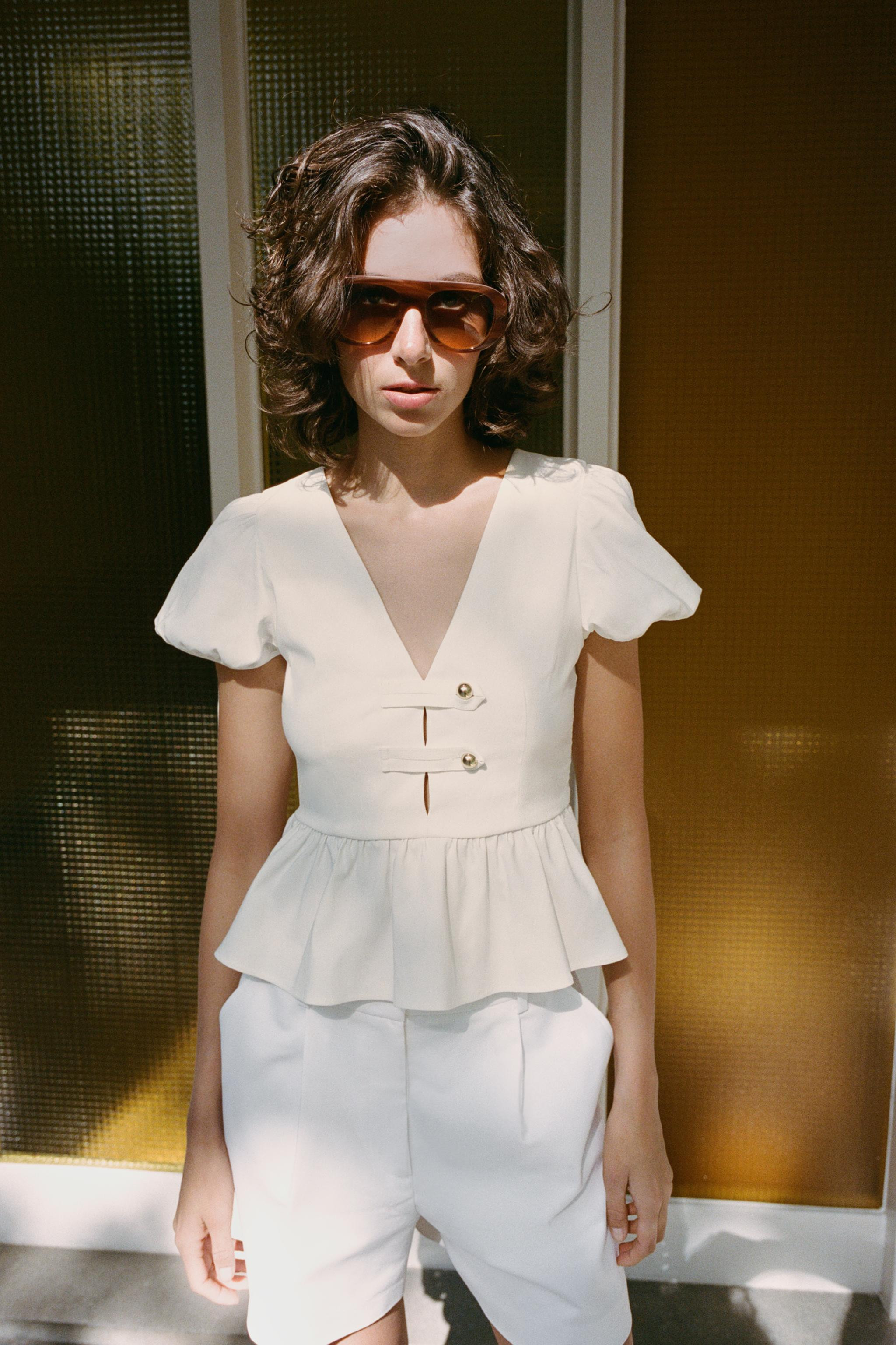 GOLD BUTTON PEPLUM TOP | Zara US