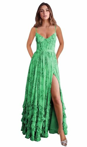Floral Corset Long Prom Dress Green for Women Chiffon Spaghetti Strap Western Wedding Guest Gown Tiered Ruched Sleeveless Formal Gown with Slit Plus Size US16W | Amazon (US)