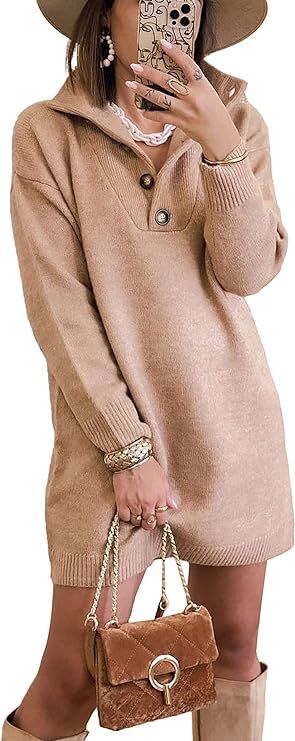 KIRUNDO Women’s Long Sleeve Turtleneck Sweater Dress Button Down Solid Lapel Knit Mini Dress Wi... | Amazon (US)