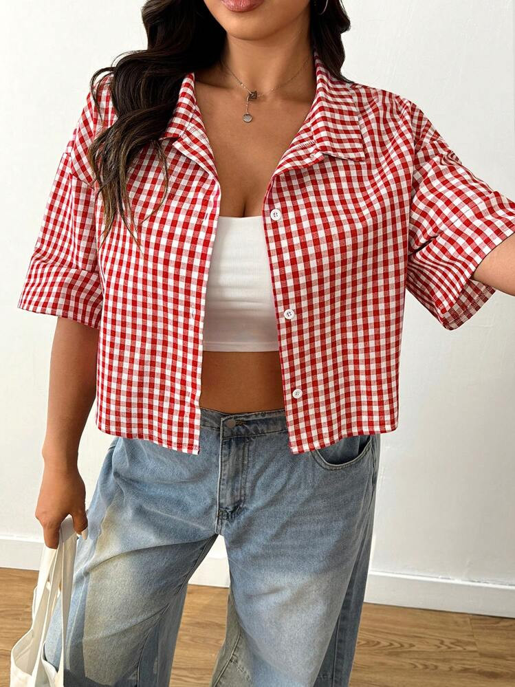 SHEIN EZwear Plus Size Red Plaid Cropped Shirt, Spring/Summer | SHEIN