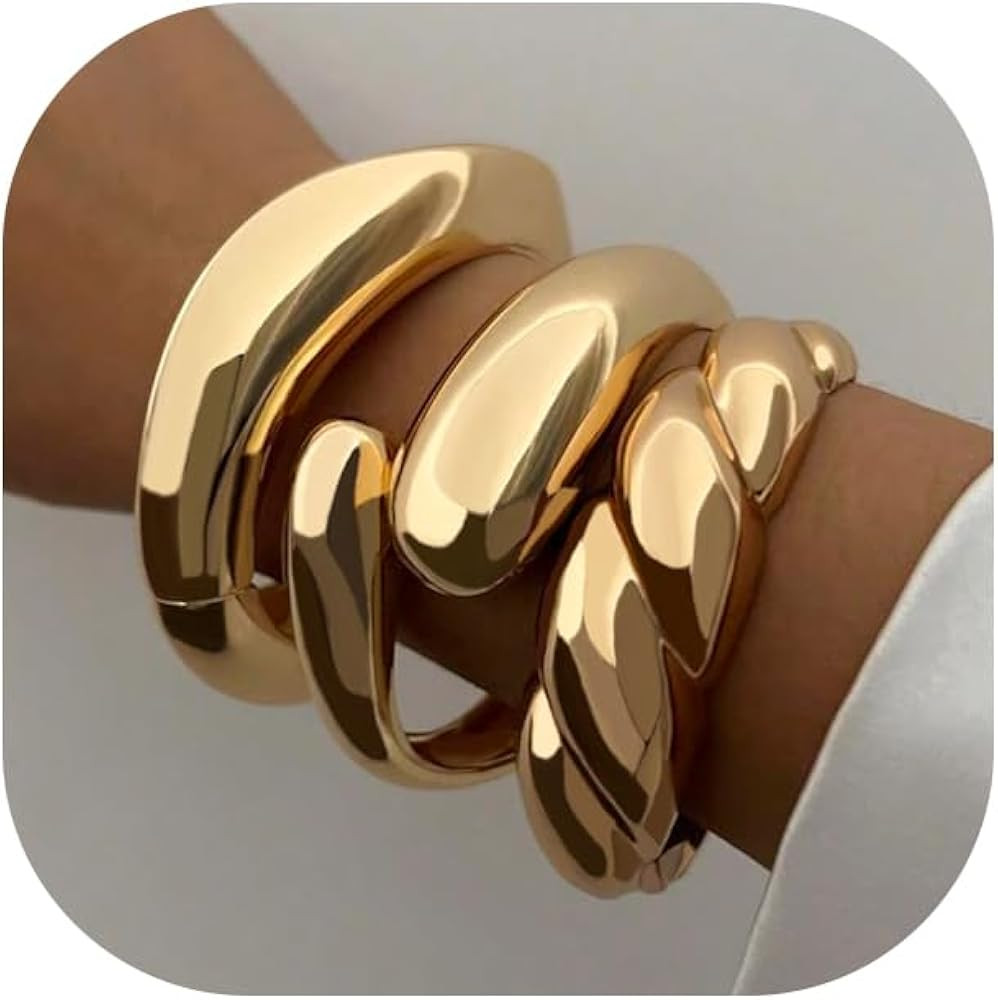Chunky Gold Bangle Bracelets for Women, Dainty 14k Gold Plated Big Stackable Bangles Set, Trendy ... | Amazon (CA)