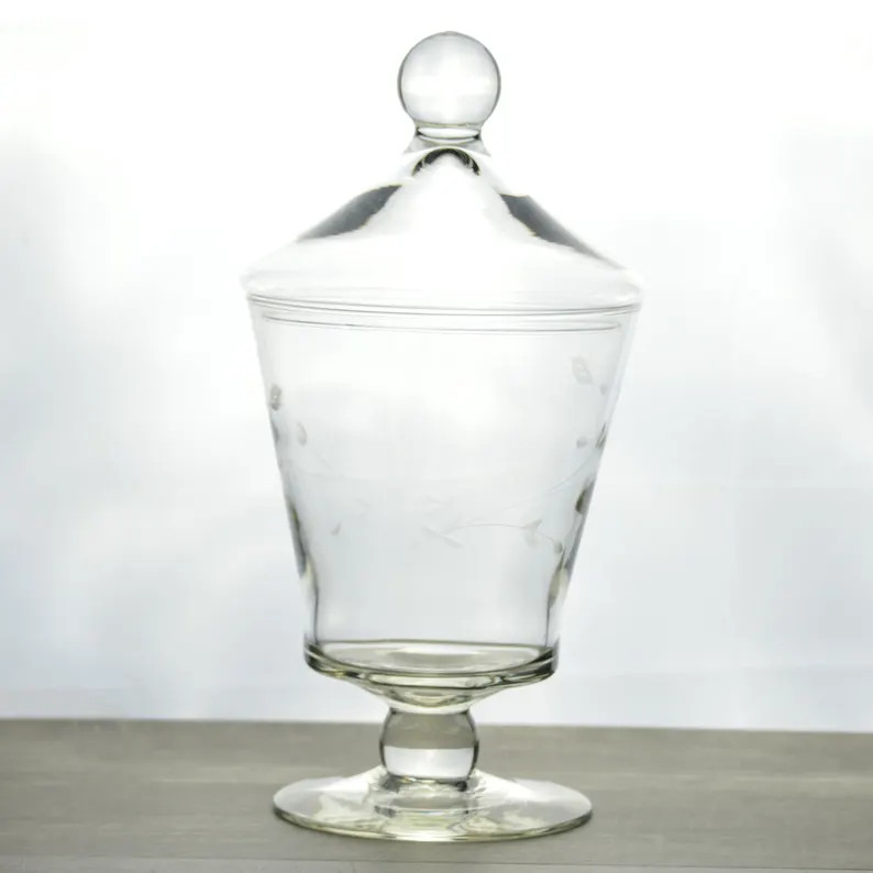 Vintage Etched Glass Apothecary Jar With Lid and Floral Design - Etsy | Etsy (US)