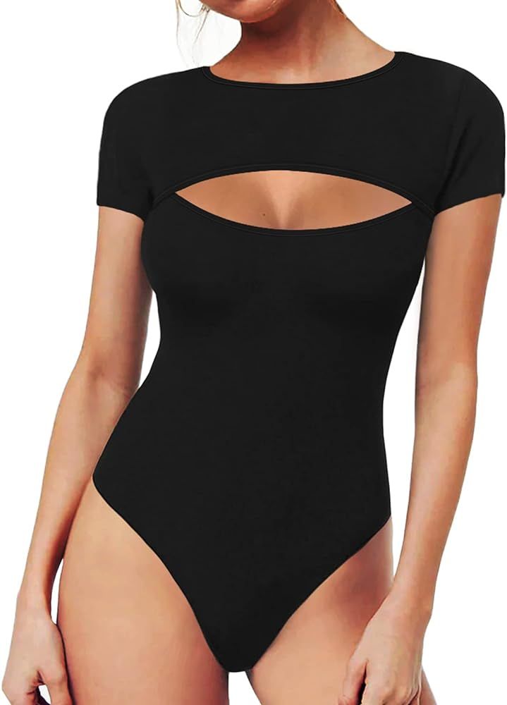 MANGOPOP Women's Sexy Cutout Front T Shirt Sleeveless Long Sleeve Short Sleeve Bodysuit Jumpsuits | Amazon (US)