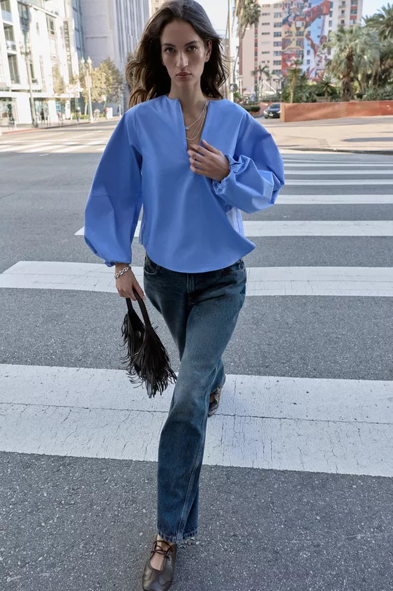 CHEMISE EN POPELINE À MANCHES BALLON | Zara FR