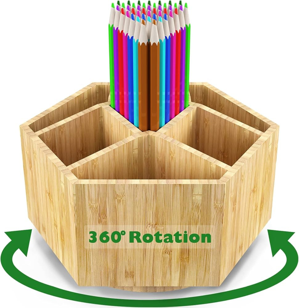 Bamboo Rotating Art Supply Organizer, 7 Sections, Hold 350+ Pencils, School Supplies Organizer fo... | Amazon (US)