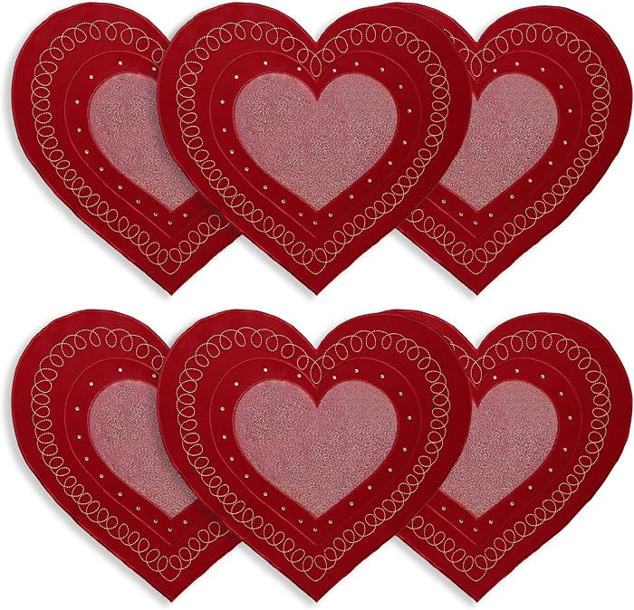 OWENIE Valentines Day Heart Placemats Set of 6, Embroidered Red Gillter Heart with Sequins Valent... | Amazon (US)