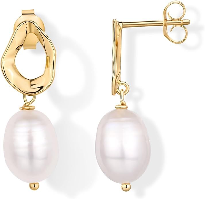 PAVOI 14K Gold Plated Sterling Silver Statement Pearl Drop Earrings for Women | Lightweight Pearl... | Amazon (US)