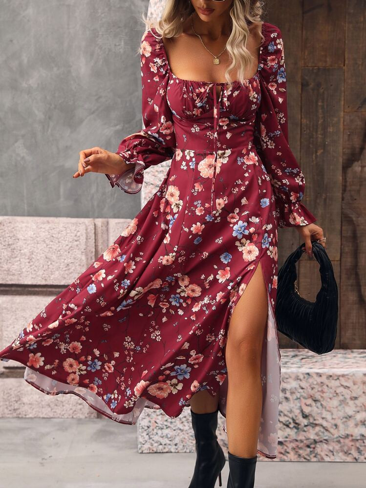 Breezaya Floral Print Flounce Sleeve Tie Front Split Thigh Dress,Ladies Boho Knot,Ruffle,Split Thigh Long Sleeve Square Neck Regular Fit Long Rose Red Flounce Sleeve Floral A Line Women Midi Dresses,Spring/Summer,Casual Daily Wear For New Year Clothes Maxi Vacation Beach Outfit Fall Cloth For Women | SHEIN