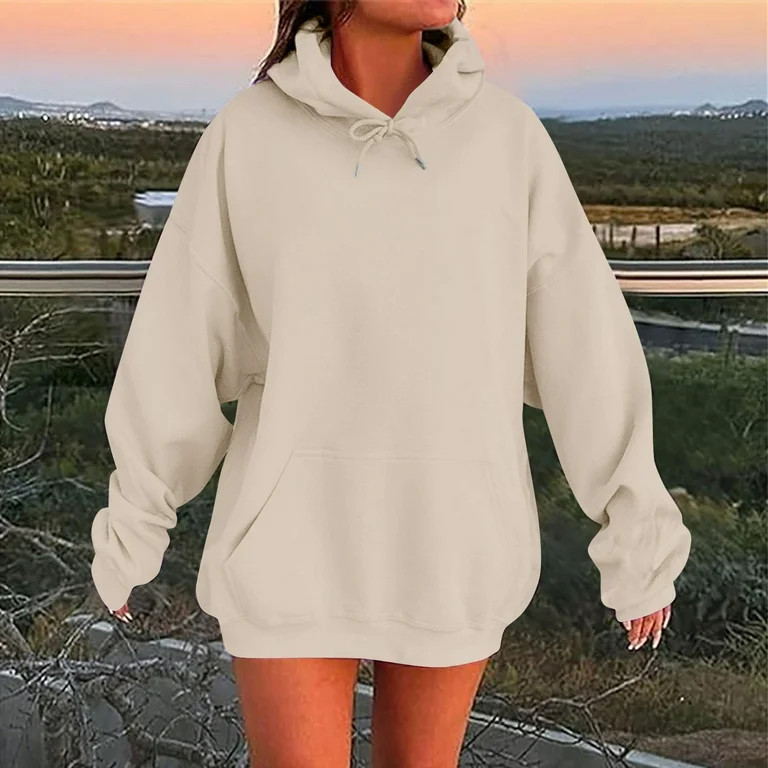 JUSLIO Womens Hoodies Pullover Long Sleeve Kangaroo Pocket Solid Hooded Sweatshirts Beige XL | Walmart (US)