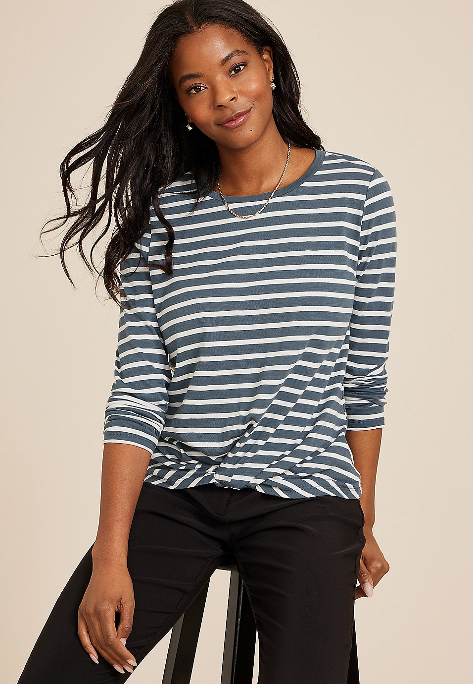 24/7 Austin Striped Knot Hem Long Sleeve Tee | Maurices