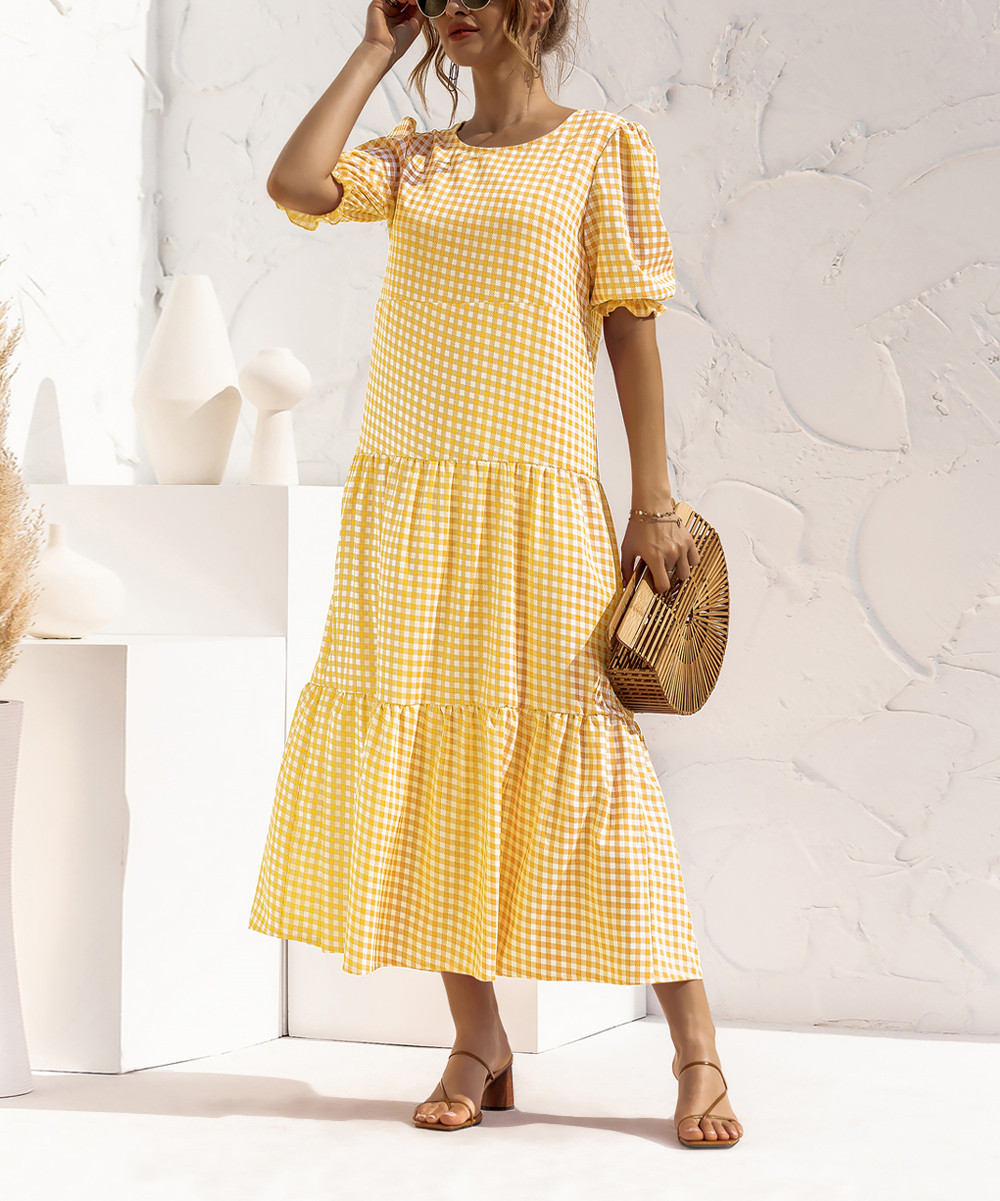 Floral Blooming Women's Maxi Dresses Yellow - Yellow Gingham Puff-Sleeve Tiered Maxi Dress - Women | Zulily