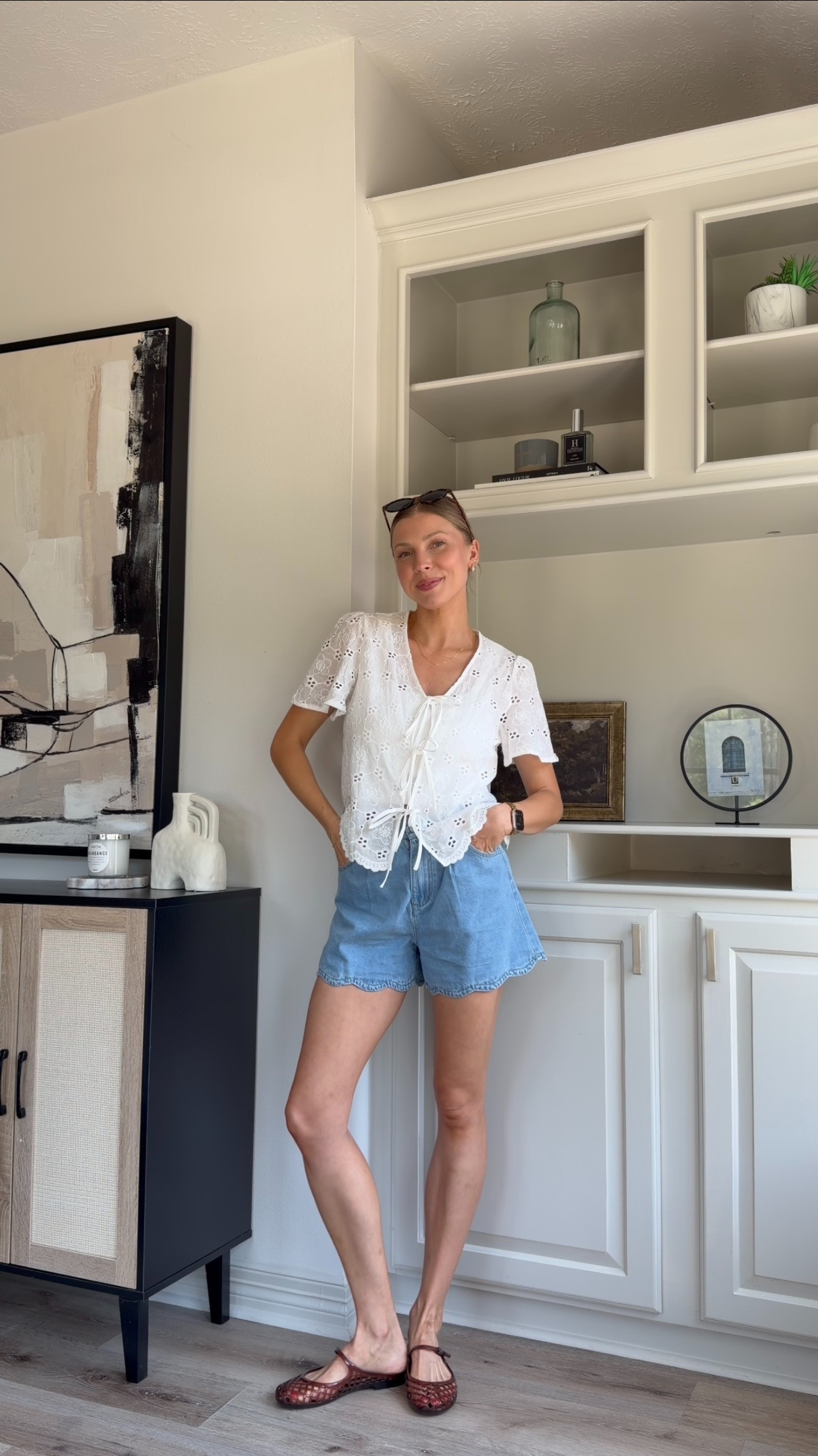 Cute summer outfit | Size S in white tie up top, M in nursing sports bra tank + 4 in denim shorts.  

 