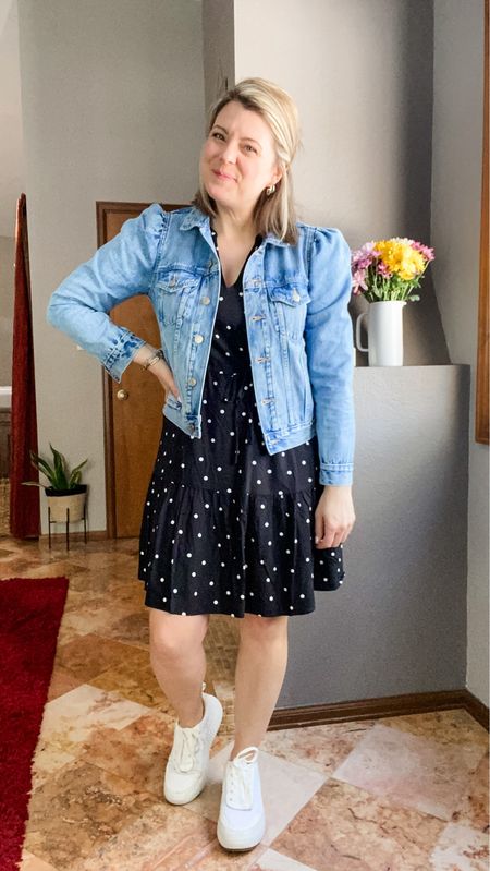 Teacher style
Gap factory 
Spring style
Denim jacket 
Sun dress
