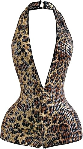 WDIRARA Women's Sequin Leopard Backless Halter Jumpsuits Party Sleeveless Deep V Neck Rompers | Amazon (US)