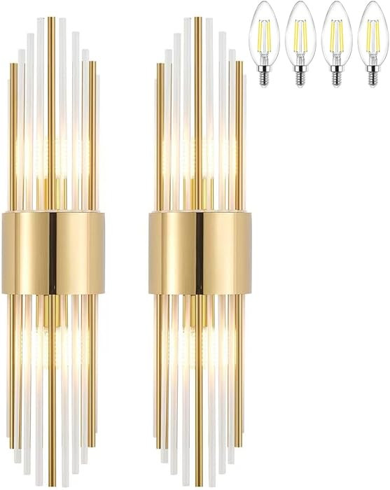 Gold Sconces Wall Set of 2, 2-Light Modern Brushed Titanium Gold Wall Sconce, Gold Vintage Crysta... | Amazon (US)