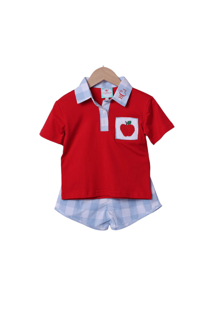 Smocked Apple Red/Blue Gingham Polo Short Set | The Smocked Flamingo