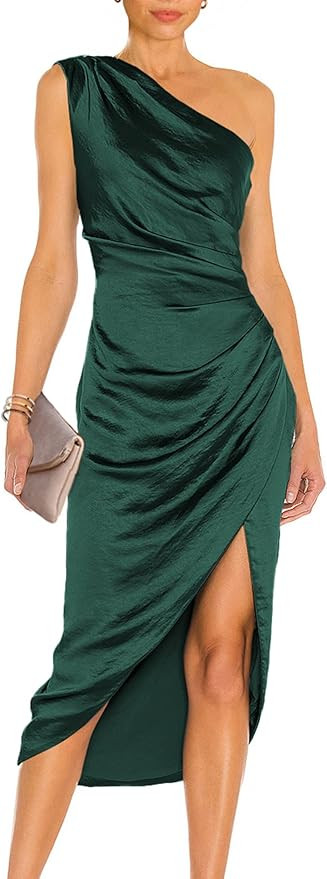 PRETTYGARDEN Women's Elegant Satin Midi Bodycon Dress 2023 Summer One Shoulder Ruched Wrap Cockta... | Amazon (US)