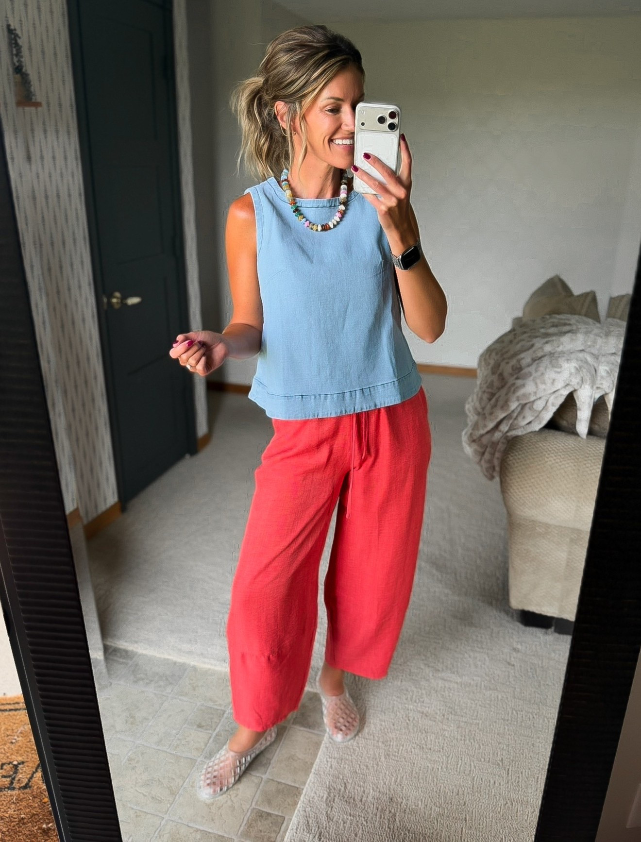 Summer to Fall outfit idea. 
Amazon head to toe. 
Top/ small
Pants/ medium