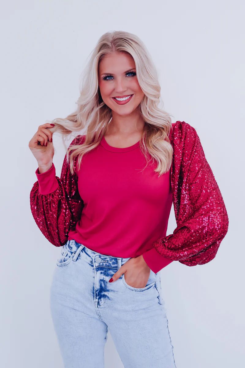 Simone Bell Sleeve Sequin Top - Pink | Whiskey Darling Boutique