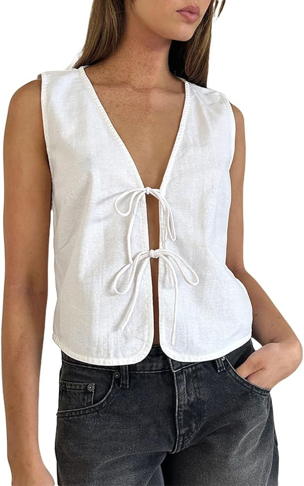 Tsultryofs Women's Vintage Bow Tie Front Vest Sleeveless Deep V Neck Tank Tops Y2K Summer Streetw... | Amazon (US)