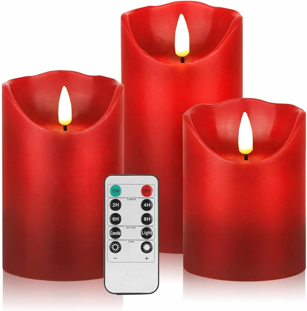 HEIOKEY 3 Pack Red Flickering Flameless Candle Set, Battery Operated Candles with 10-Key Remote Cont | Amazon (US)