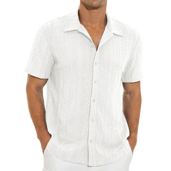 Iceglad Men's Casual Button Down Shirts Short Sleeve Shirts Vacation Beach Summer Hollow Out Tops | Walmart (US)