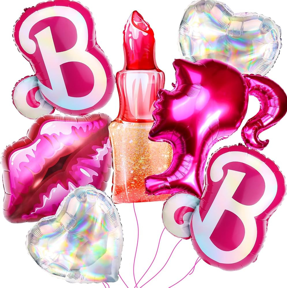 Cadeya 8 Pcs Pink Girls Head Balloons, 28”Hot Pink Lips Heart Lipstick Aluminum Foil Balloons f... | Amazon (US)