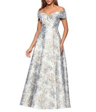 Petite Size Brocade Floral Print Sweetheart Neck Short Sleeve A-Line Gown | Dillard's