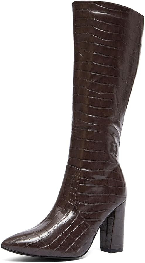 jiewmqci Women's Crocodile-Embossed Knee-High Boots Classic versatile design Brown synthetic leat... | Amazon (US)