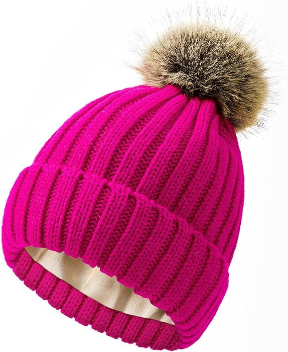 American Trends Satin Lined Beanie for Women Knit Faux Fur Pom Winter Hat | Amazon (US)