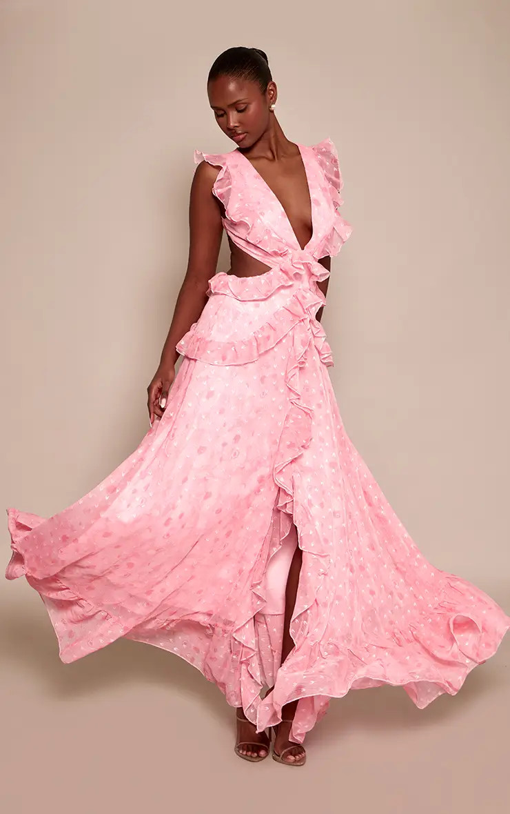 Pink Floral Plunge Frill Maxi Dress | PrettyLittleThing UK