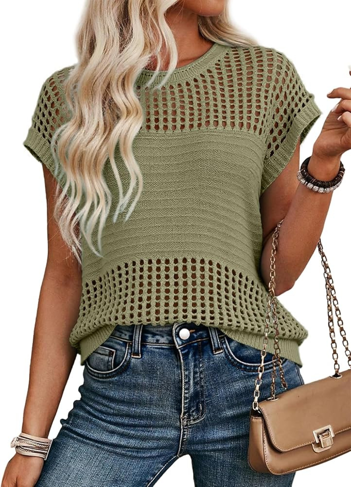EVALESS Womens Tops Casual Summer Cap Short Sleeve Crochet Hollow Out Knit Sweater Vest Pullover ... | Amazon (US)