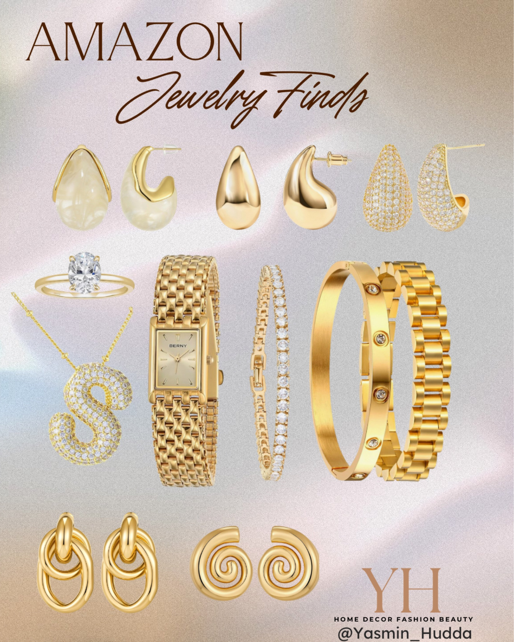 Recent favorite Amazon jewelry finds 
Trending gold statement earrings bracelets
watch
Bubble letter necklace
Tennis bracelet
Ring
Tear drop earrings
Spiral earring
Chain link earring

#LTKGiftGuide #LTKStyleTip #LTKFindsUnder50