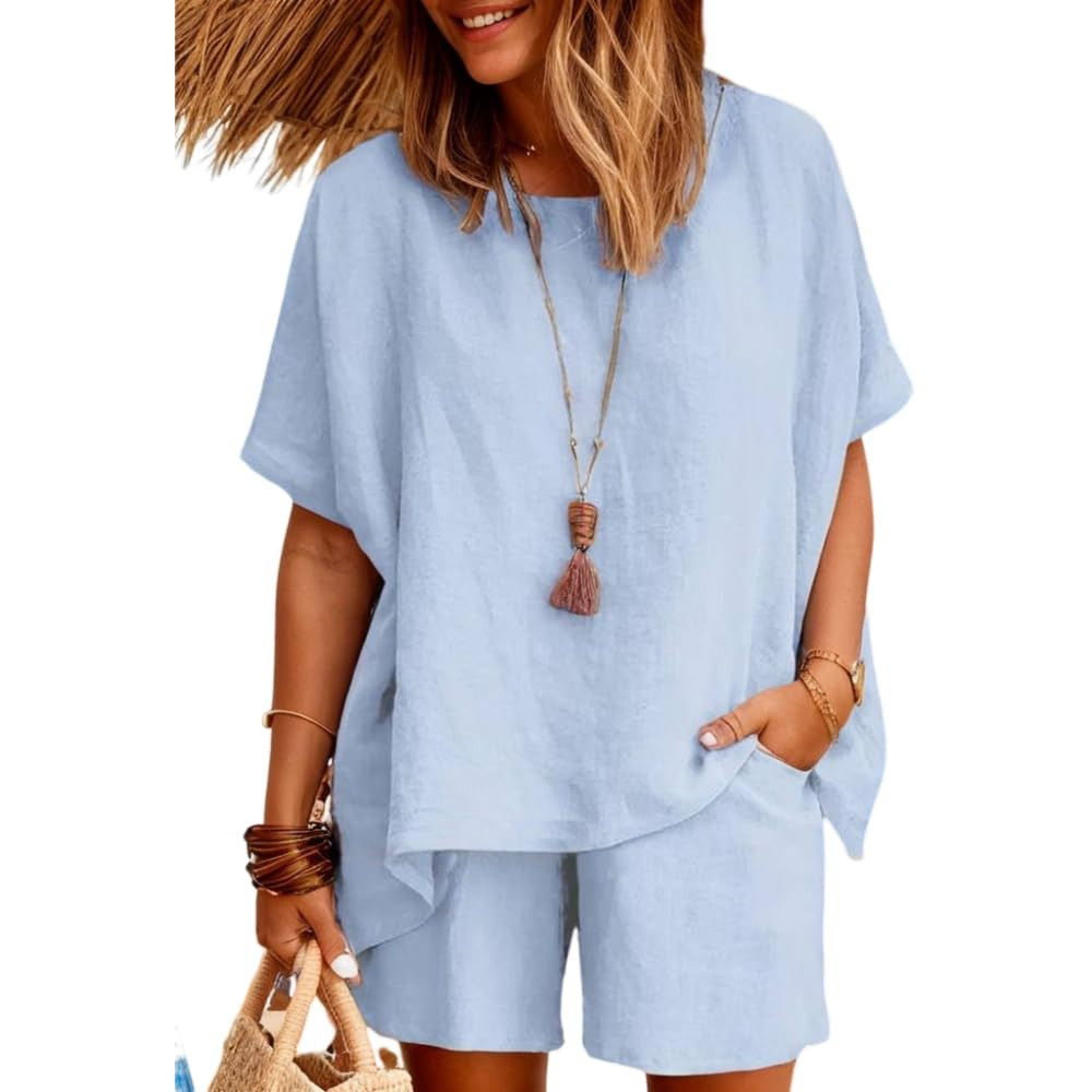 Two Piece Cotton Linen Outfits for Women Summer Casual Half Sleeve Tops and Loose Shorts Fit Stre... | Amazon (US)