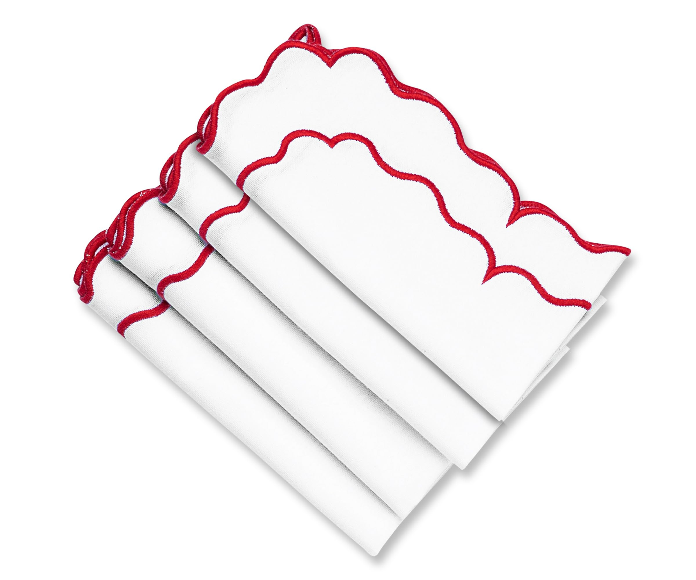 Red and White Napkins, Scalloped Napkins Cloth, 100% Pure Cotton, Embroidered Napkins, White Line... | Amazon (US)