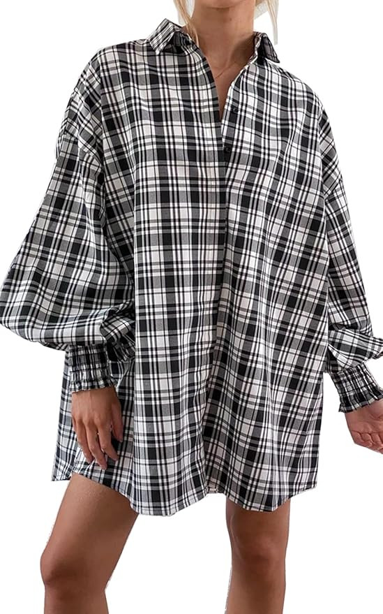 Halfword Women’s Plaid Shirts Long Lantern Sleeve Button Down Casual Shirt Dress Oversized Boyf... | Amazon (US)