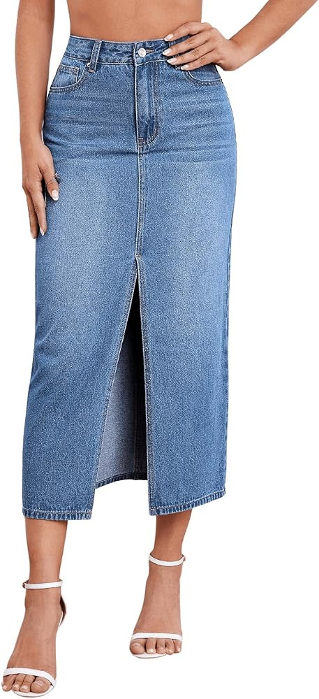 SweatyRocks Women's Casual Denim Skirt High Waist Split Front Long Jean Skirts | Amazon (US)