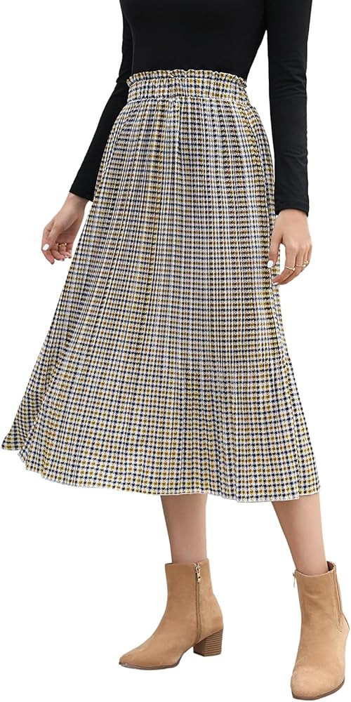 EXLURA Womens High Waist Polka Dot Pleated Skirt Midi Swing Skirt with Pockets | Amazon (US)