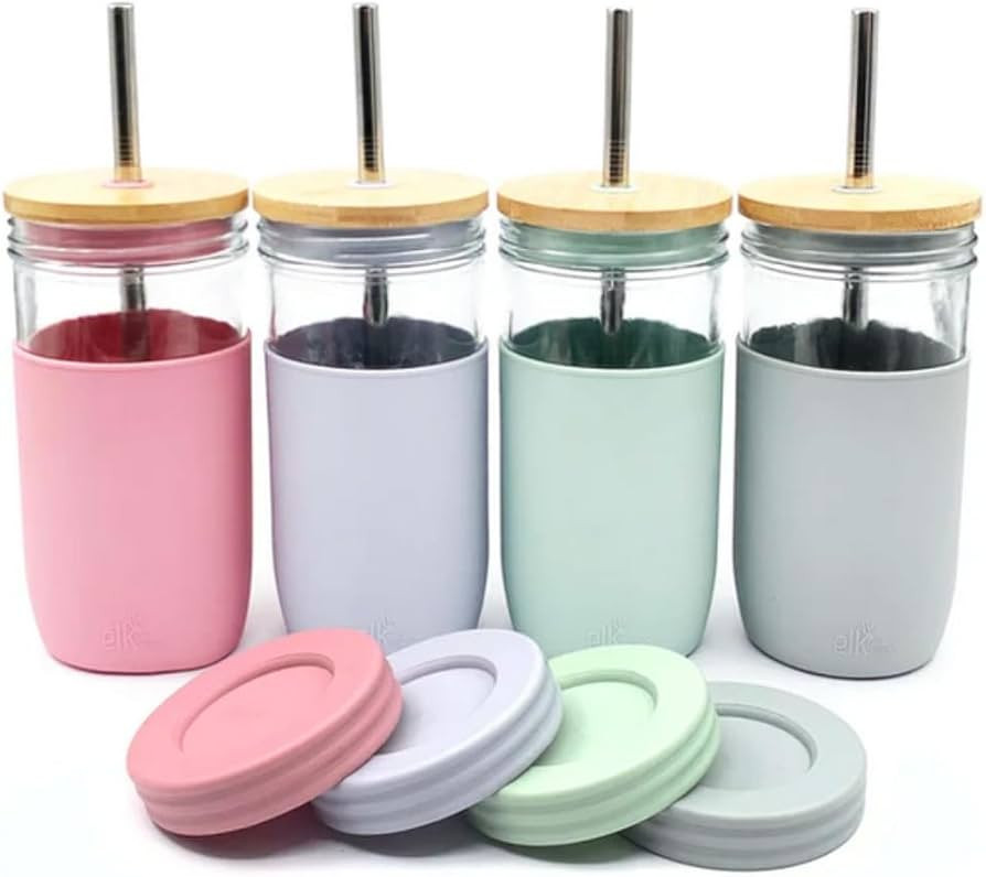 Elk and Friends 24oz Glass Mason Jar – Pack of 4 | Bamboo Straw Lids + Stainless Steel Straws |... | Amazon (US)